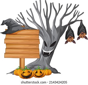 Blank wooden signboard with bat in halloween theme illustration