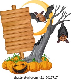 Blank wooden signboard with bat in halloween theme illustration