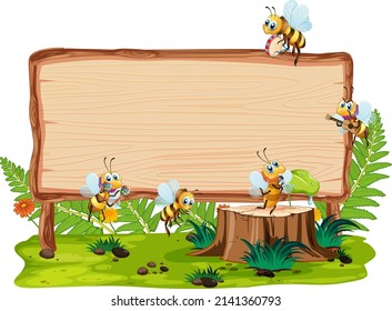 Blank wooden signboard with bee cartoon illustration