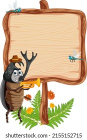 Blank wooden signboard with beetle cartoon illustration