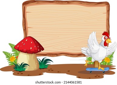 Blank wooden signboard with chicken farm illustration
