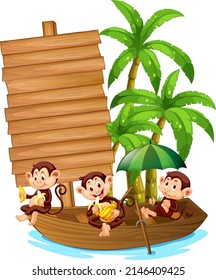 Blank wooden signboard with cute monkey illustration