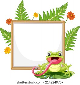 Blank wooden signboard with frog in cartoon style illustration