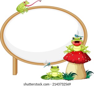 Blank wooden signboard with frog in cartoon style illustration