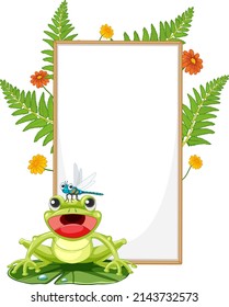 Blank wooden signboard with frog in cartoon style illustration