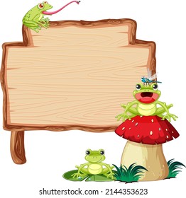 Blank wooden signboard with frogs illustration