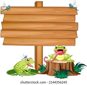 Blank wooden signboard with frogs illustration