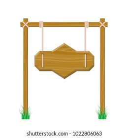 Blank wooden signboard hanging on rope. Isolated on white background. Vector illustration.