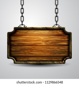 Blank wooden signboard hanging on chain isolated on white background