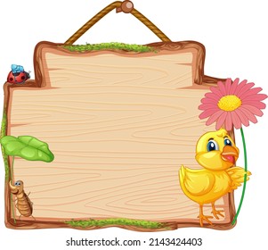 Blank wooden signboard with little chick illustration