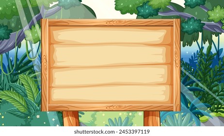 Blank wooden signboard in a lush forest setting