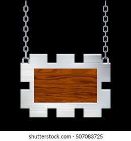 Blank wooden signboard with metallic border hanging on chain. Isolated on black background. Vector illustration.