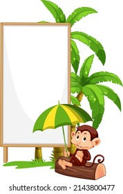 Blank wooden signboard with monkey catoon illustration