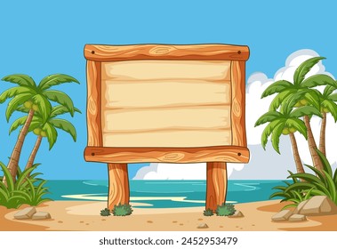 Blank wooden signboard on a sunny beach