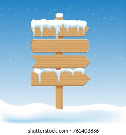 Blank wooden signs with snow. Billboard banner, signboard directional, pointing guidepost. Christmas winter holidays vector elements.