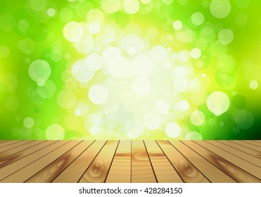 Blank wooden table and bokeh background of foliage