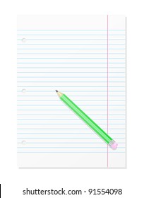 Blank Workbook Page With Green Pencil. Vector Illustration. EPS8
