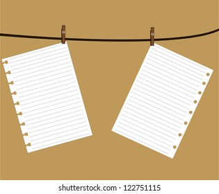 Blank worksheet  book attached to a clothesline with pin - vector