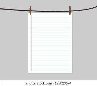 Blank worksheet book attached to a clothesline with pin - vector