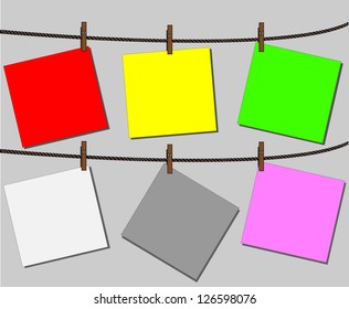 Blank worksheet Color note paper  attached to a clothesline with pin - vector