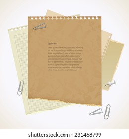 Blank Worksheet Exercise Book. Old Heavy Paper With Ragged Edge. Vector Illustration. Isolated On White Background. Set