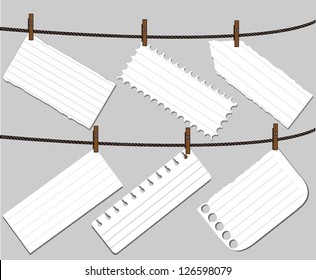 Blank worksheet note paper attached to a clothesline with pin - vector