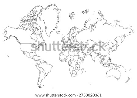 Blank World map with country division isolated on a white background. Editable strokes. Vector illustration