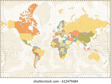 Blank World Map retro color with lakes and rivers. Vector illustration.