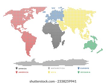 Blank world map using points and colors according to continents vector illustration. Designation of the 6 continents using color vector. World map vector illustration.