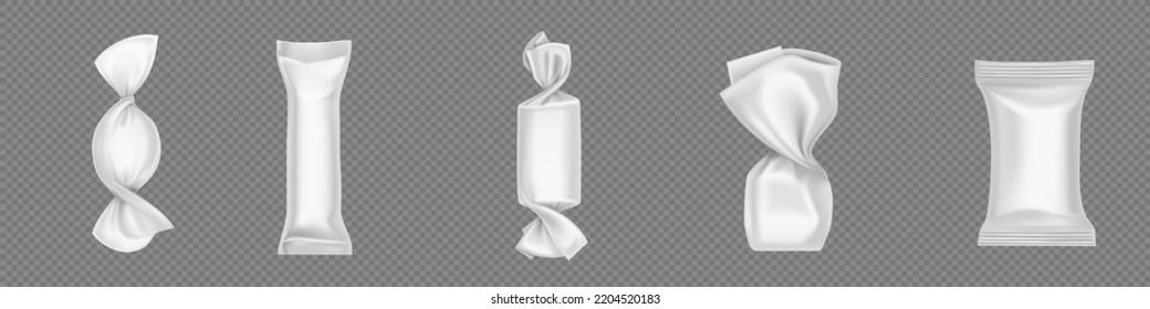 Blank wrappers of candies and chocolates, 3d white plastic packs. Vector realistic mockup of sweets wraps, empty template of packages for bonbon, snacks and hard sugar candies