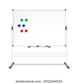 Blank writing whiteboard with magnets and markers on wheeled stand vector mock-up. Revolving magnetic white board with wheels realistic mockup