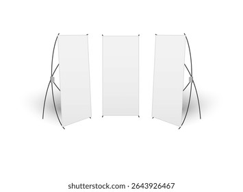 Blank X banner stand realistic isolated, vector set. Flip Chart for training or promotional presentation. Design template,display template