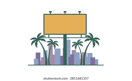 Blank yellow billboard sign standing in a city landscape with palm trees and tall buildings during a calm sunset atmosphere.