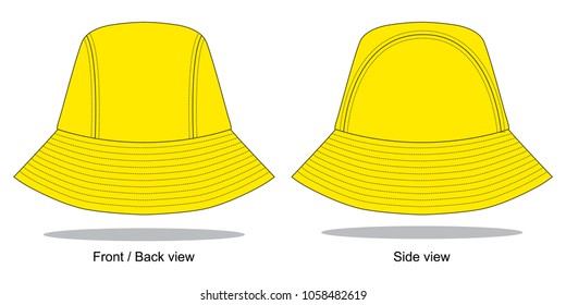 Blank yellow bucket hat with 3 panel template on white background.Front, back and side view.
