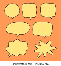 blank yellow cartoon speech bubbles set for add text, speech words and comic talk isolated on orange color background. vector illustration