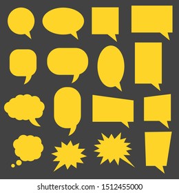 blank yellow cartoon speech bubbles set with different shape isolated on black background. vector illustration