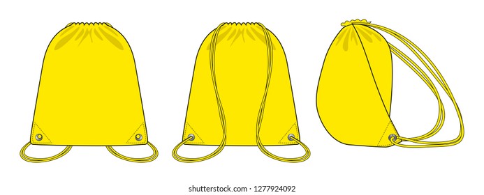 Blank Yellow Drawstring Shoulder Bag Template Vector On White Background.Front Back and Side View.