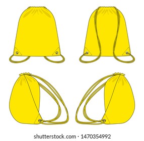 Blank Yellow Drawstring Shoulder Bag Template Vector On Gray Background.Front Back and Side View.