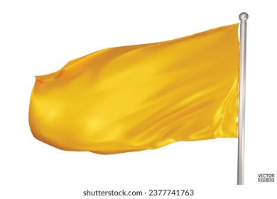 Blank yellow flag on white background. A yellow flag waving in the wind on the flagpole. Yellow flag template. 3d vector illustration.