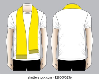 Blank yellow football scarf on white crew neck shirt template on gray background. Front and back views, vector file.
