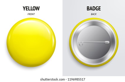 Blank Yellow Glossy Badge Or Button. 3d Render. Round Plastic Pin, Emblem, Volunteer Label. Front And Back Side. Vector.