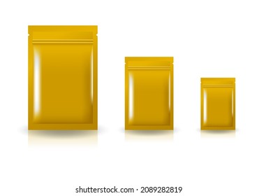 Blank yellow gold standing ziplock bag (3 sizes) mockup template. Isolated on white background with shadow. Ready to use for package design. Realistic 3D vector illustration.