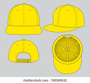 Blank Yellow Hip-Hop Cap With Adjustable Snap Back Closure Strap Template on Gray Background.