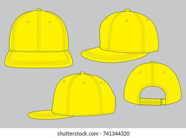 Blank Yellow Hip-Hop Cap With Adjustable Snap Back Closure Strap Template on Gray Background.