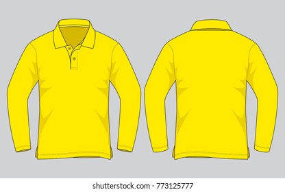 Blank Yellow Long Sleeve Polo Shirt For Template On Gray Background.
Front And Back View.