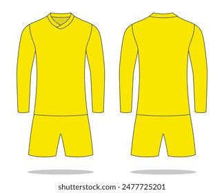 Blank Yellow Long Sleeve Soccer Jersey Uniform Template on White Background. Front and Back Views, Vector File.