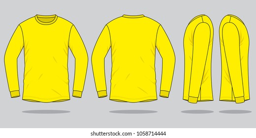 Blank Yellow Long Sleeve T-Shirt Vector For Template.Front, Back And Side Views.