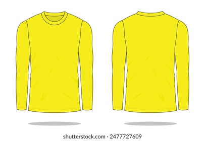 Blank Yellow Long Sleeve T-Shirt Template on White Background. Front and Back Views, Vector File.