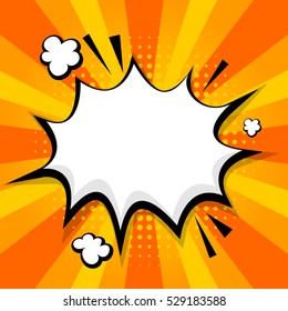 Blank yellow orange comic text balloon template. Clear speech bubbles halftone dot style pop art. Dialog empty cloud pop art. Creative idea conversation funny background sketch explosion