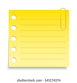 Blank yellow paper note with clip on white background, vector eps10 illustration